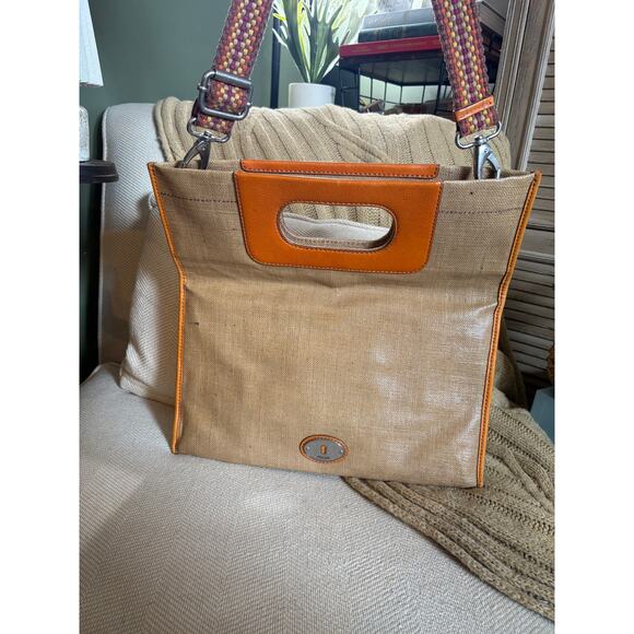 Fossil Key-Per Foldover Convertible Bag Tan & Orange - Picture 6 of 9